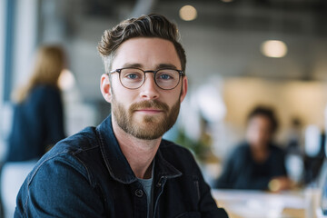 Obraz premium Confident young man with glasses and beard sitting in modern office environment, looking at camera. Professional millennial in casual denim jacket at creative workplace