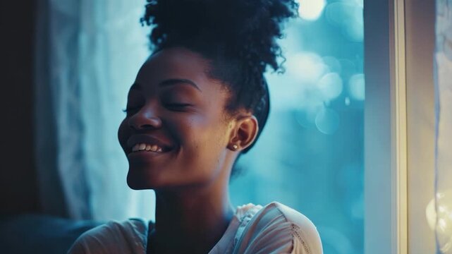 A happy woman looking out the window with a smile on her face, possibly feeling optimistic or content
