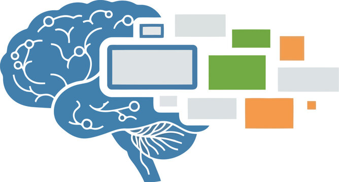 Brain with connections and blocks representing knowledge and information processing
