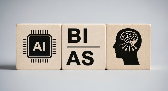AI Bias concept on wooden blocks, artificial intelligence ethics and machine learning prejudice, human brain and processor icons on cubes