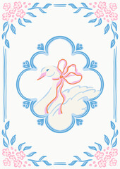 Graceful white swan with delicate pink ribbon bow. Bird in blue scalloped medallion frame and rectangular border with pink flowers. Beautiful vintage design for wedding invitations, romantic wall art © leila_divine