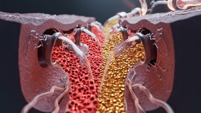 Closeup Cancellous Bone Canal Showing Golden Beads Flowing Through Porous Marrow Channels, Detailed Medical Animation Displaying Vasculature And Nerve Fibers, Clinical Research Simulation.