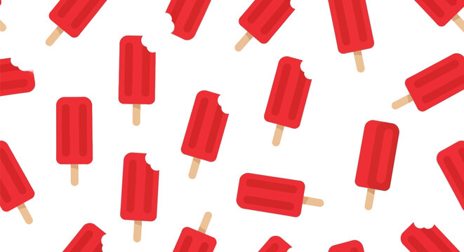 Red strawberry popsicles scattered in a seamless pattern with some having bites taken out