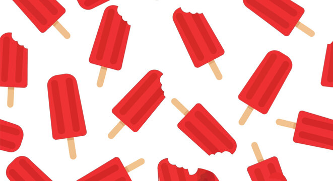 Seamless pattern of red fruit popsicles on wooden sticks with some bites taken out.