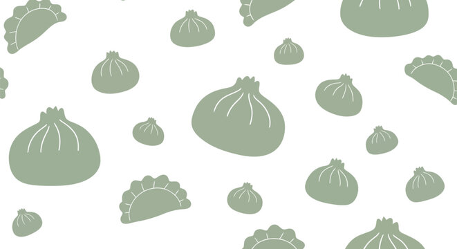 Seamless pattern featuring various types of green dumpling silhouettes such as khinkali and gyoza