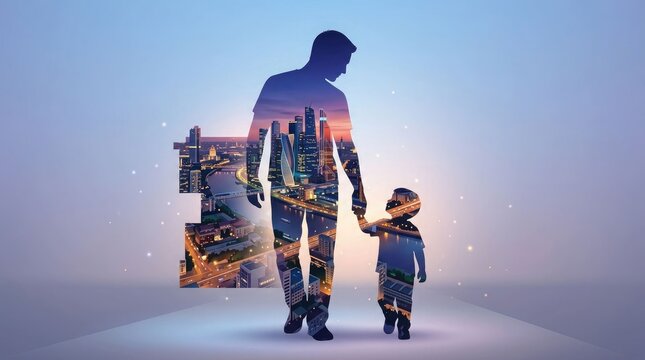 A father's legacy silhouette of a man and child with a cityscape overlay representing guidance and future