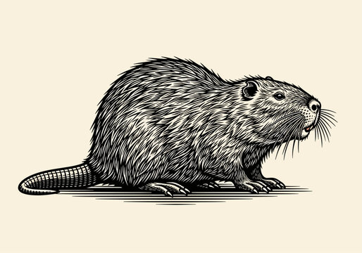 Vintage Woodcut Engraving of a Nutria Coypu Rodent - Detailed Wildlife Illustration
