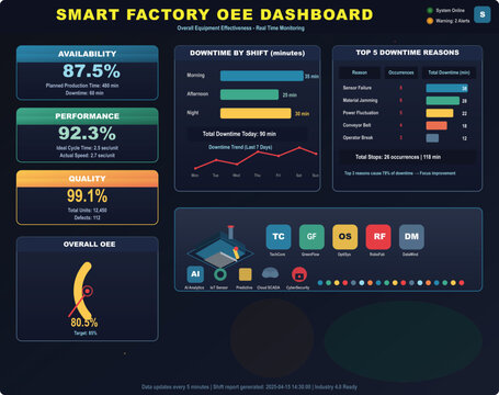 Smart Factory OEE Dashboard, Industrial Manufacturing KPI Monitor with Isometric Factory, Gauge Chart, Downtime Analysis, Dark Theme Vector Illustration
