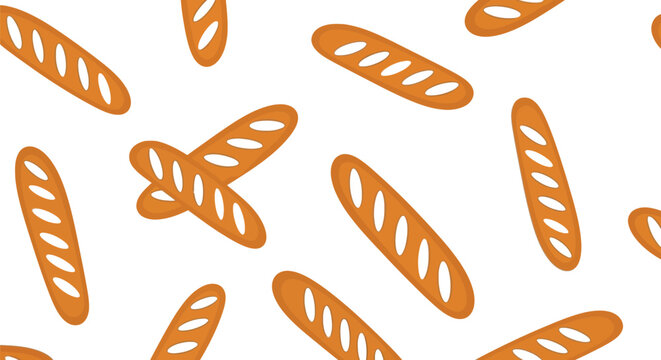 Decorative pattern featuring orange hand drawn sketches of french baguette bread loaves scattered.