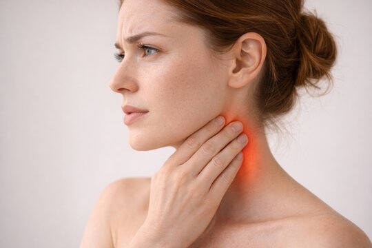 Woman touching her painful throat with red highlight indicating inflammation or infection.