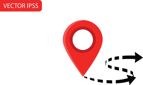 Red location pin marker with dashed line and arrow showing route, navigation and travel planning vector