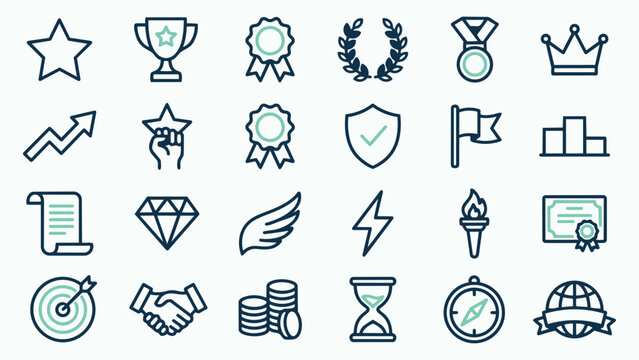 Extensive Collection of Outline Icons for Success, Achievement, Business, and Goal-Oriented Concepts