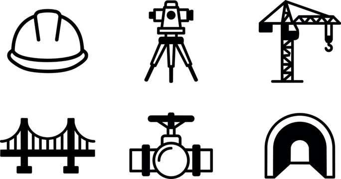 Black and white line art construction helmet surveying tripod crane bridge valve tunnel icons
