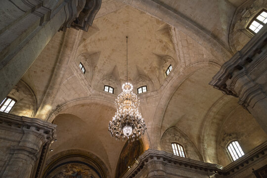 Cuba, Havana.  Interior dome and chandelier of Catedral de San Cristobal.  Cathedral of Saint Christopher