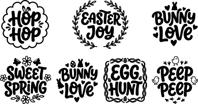 Black and white easter joy hop hop bunny love sweet spring egg hunt peep peep lettering collection