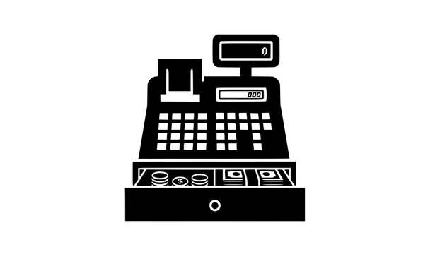 Cash register icon vector black silhouette retail POS machine isolated on white