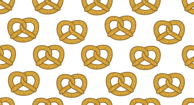 Seamless pattern of golden brown salted pretzels arranged in a repeating grid