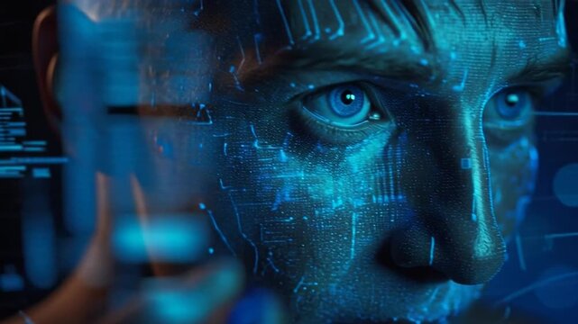 A man with blue digital circuit patterns on his face looks directly at the viewer.