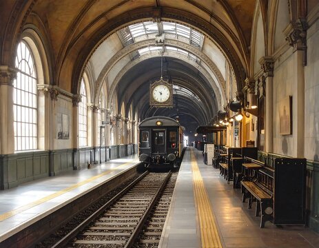 An arched, historic train station platform with a train at the tracks, clock hanging, benches, and arched windows