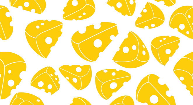 Seamless pattern of yellow swiss cheese wedges with holes for food design and backgrounds