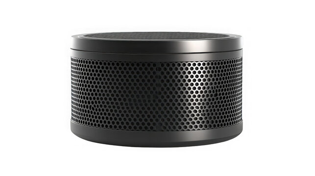 Modern round black smart speaker featuring a sleek mesh grille design presented as a high quality on transparent background