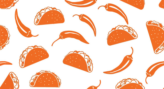 Vibrant orange hand-drawn seamless pattern featuring delicious tacos and spicy chili peppers