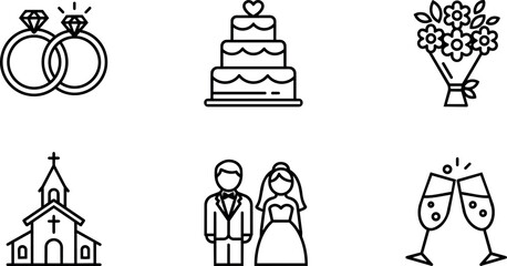 Fototapeta premium Black and white line art wedding ring cake bouquet church bride groom and champagne glass icons