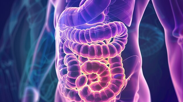 Crohn&rsquo;s Disease Medical Illustration, Chronic Inflammatory Bowel Disease Affecting Digestive Tract with Thickened Bowel Wall, Ulcers and Abdominal Discomfort, Detailed Gastrointestinal Visual