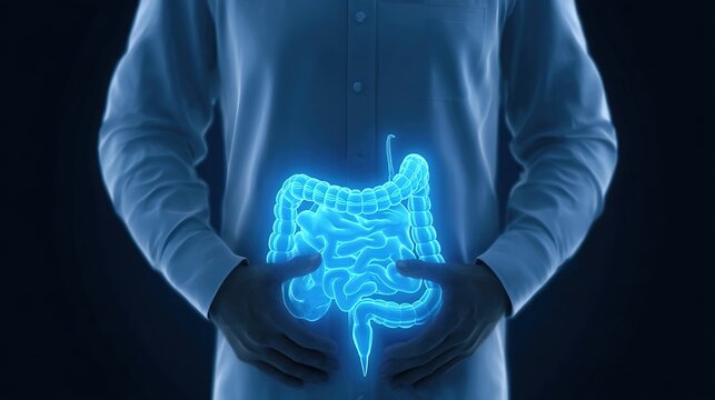 Crohn&rsquo;s Disease Medical Illustration, Chronic Inflammatory Bowel Disease Affecting Digestive Tract with Thickened Bowel Wall, Ulcers and Abdominal Discomfort, Detailed Gastrointestinal Visual