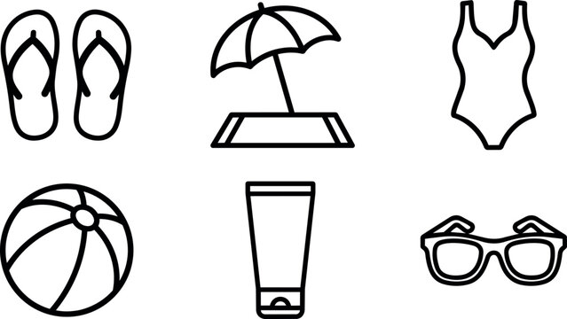 Black and white line art beach icons with flip flops umbrella swimsuit ball sunscreen and sunglasses