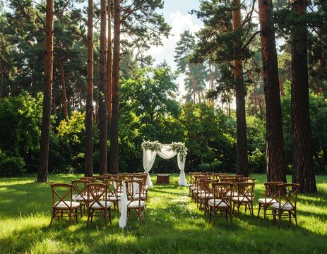An outdoor ceremony setup in a forest with chairs, an arch decorated with flowers, and tall trees under the sunlight