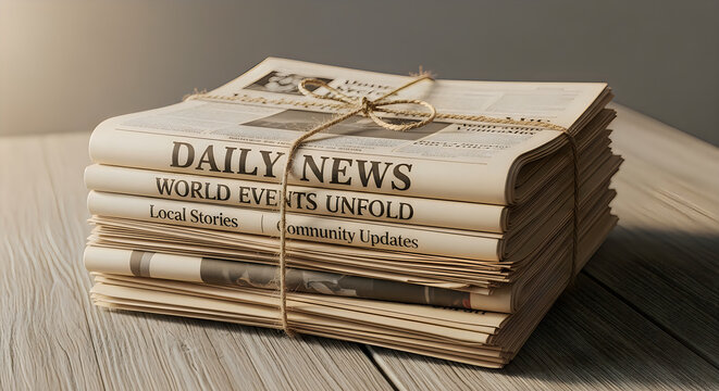 A stack of vintage newspapers tied with string evoking nostalgia