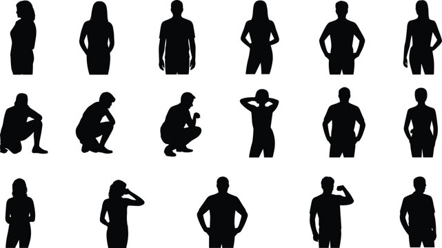 People silhouettes collection in various poses isolated on white background, standing, sitting, thinking and casual human posture set illustration