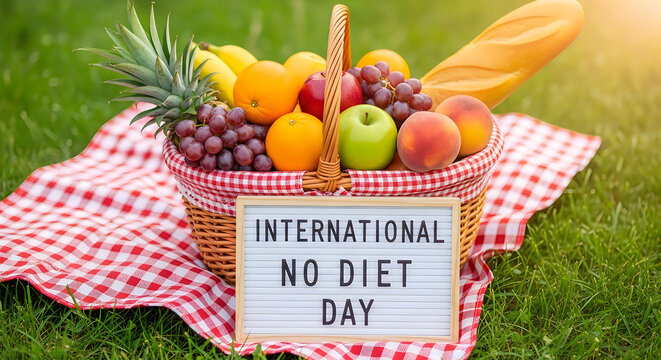 Colorful picnic basket with fresh fruits and a 'no diet day' message