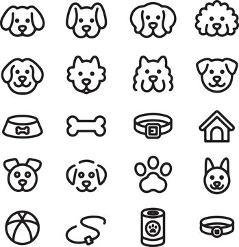 Collection of various pet-related icons featuring dogs, cats, and accessories