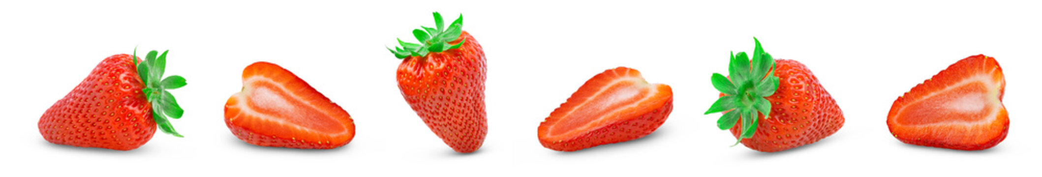 Strawberries side view isolated. Strawberries with green leaf isolate. Whole and half of strawberry on white. Strawberries isolate.