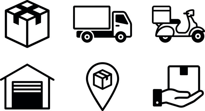 Black and white delivery box truck scooter warehouse location and hand icons