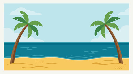 Obraz premium A clean and inviting flat design illustration featuring a serene tropical beach with swaying palm trees and clear blue water, perfect for summer promotions or travel-themed content. 