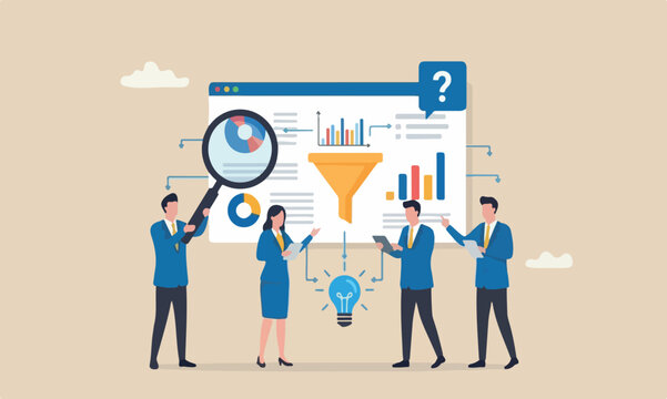 Business data bank,meeting teams together database or statistics, marketing technology or data funnel or indicator concept, businesswoman work with data analysis and magnifying glass