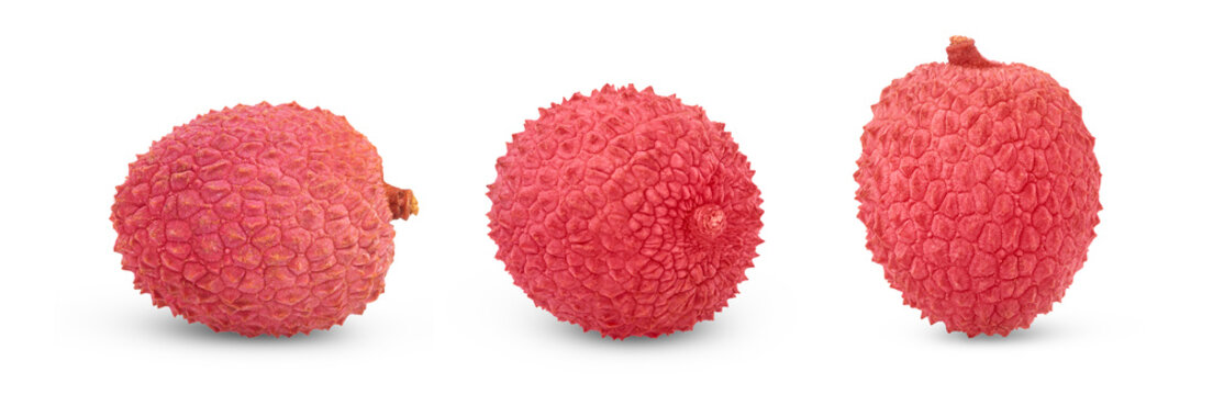 Whole lychees isolated. Pink lychee with clipping path set, collection.