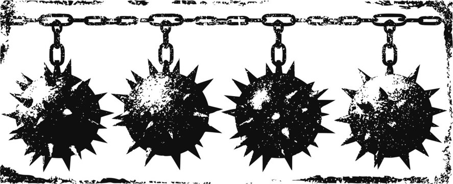 medieval spiked mace weapons hanging in a row on chains, vintage black ink drawing