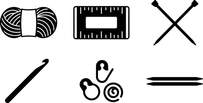 Black and white knitting tools yarn ball crochet hook and needles vector art