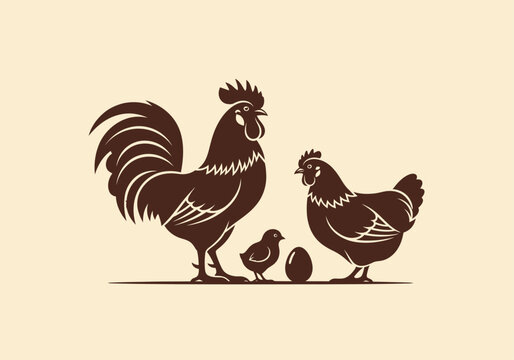 Farm Animal Family Silhouette with Rooster, Hen, Chick, and Egg. Vintage Rustic Poultry Illustration for Organic Farming and Agricultural Branding.