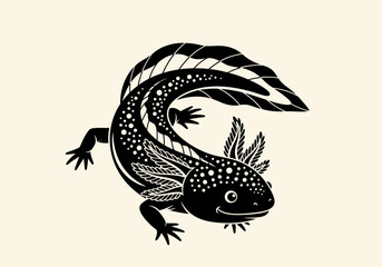 Obraz premium Axolotl Stylized Black and White Illustration, Cute Mexican Salamander Vector Art with Folk Decorative Patterns, Tribal Amphibian Mascot Design
