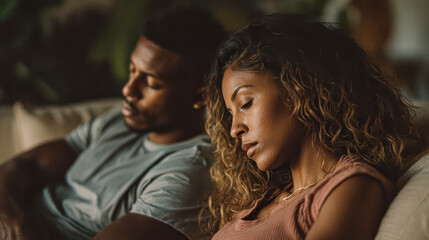 Fototapeta premium A couple sits quietly together on a couch, both appearing thoughtful and introspective in a cozy, softly lit setting.