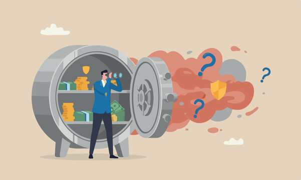 Safe haven protection investment, wait and see economics situation, protect wealth from inflation, financial security concept, businessman look through binocular from secured open safe