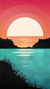 Retro vintage sunset landscape with mountains and ocean reflection background. Grunge grainy texture vertical motion design. Seamless loop. Video animation Ultra HD 4K 2160x3840