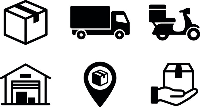Black and white package delivery icons with truck scooter warehouse and hand