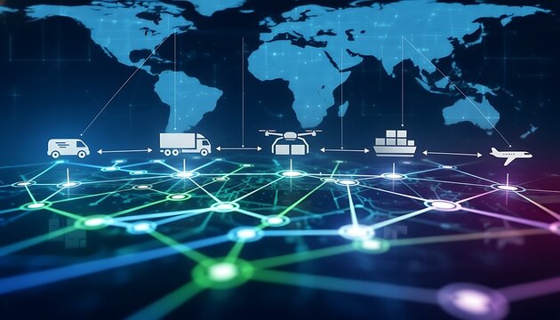 Global logistics network with trucks, ships, planes, and trains connecting cities on a world map