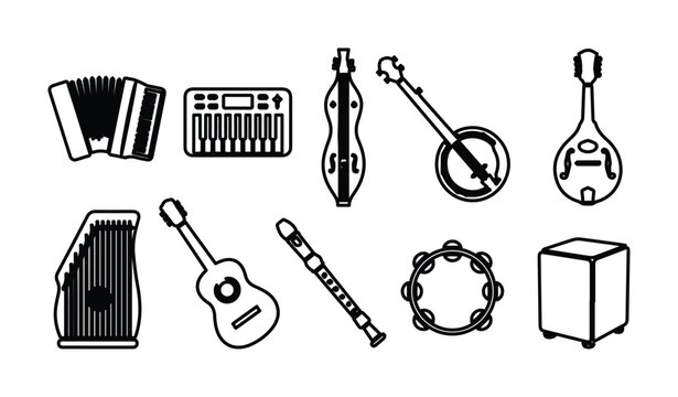 Folk musical instruments icon set, acoustic world music elements, 10 black line art vector EPS